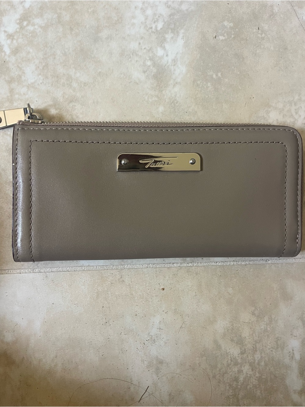 Tumi Taupe Zip Wallet with Gold Plate